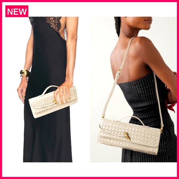 Woven Vegan Leather Evening Clutch Crossbody Bag Adjustable Strap Formal - Picture 3 of 8